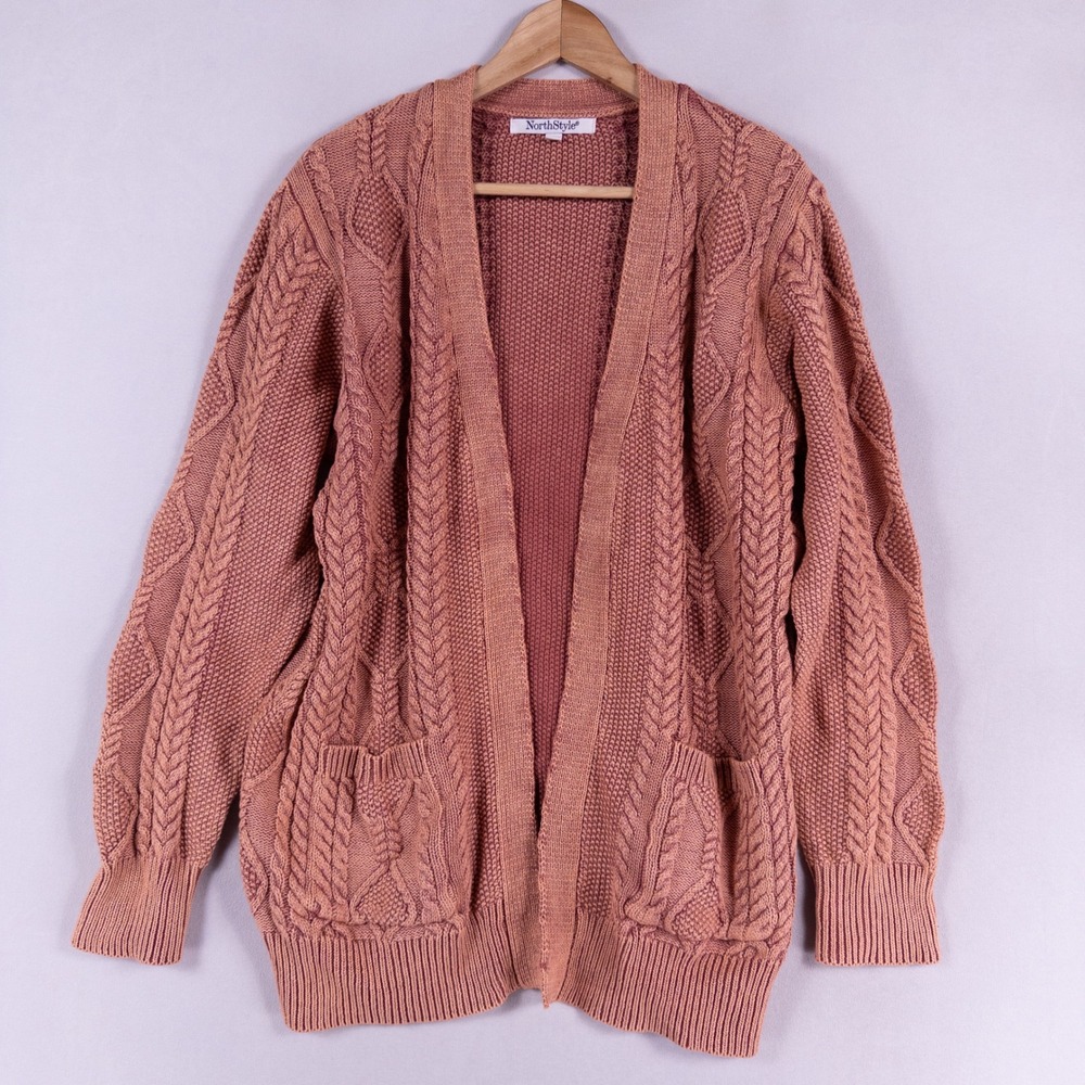 NorthStyle Cardigan Sweater Womens Large Pink Orange Cable Knit Cotton Cabin